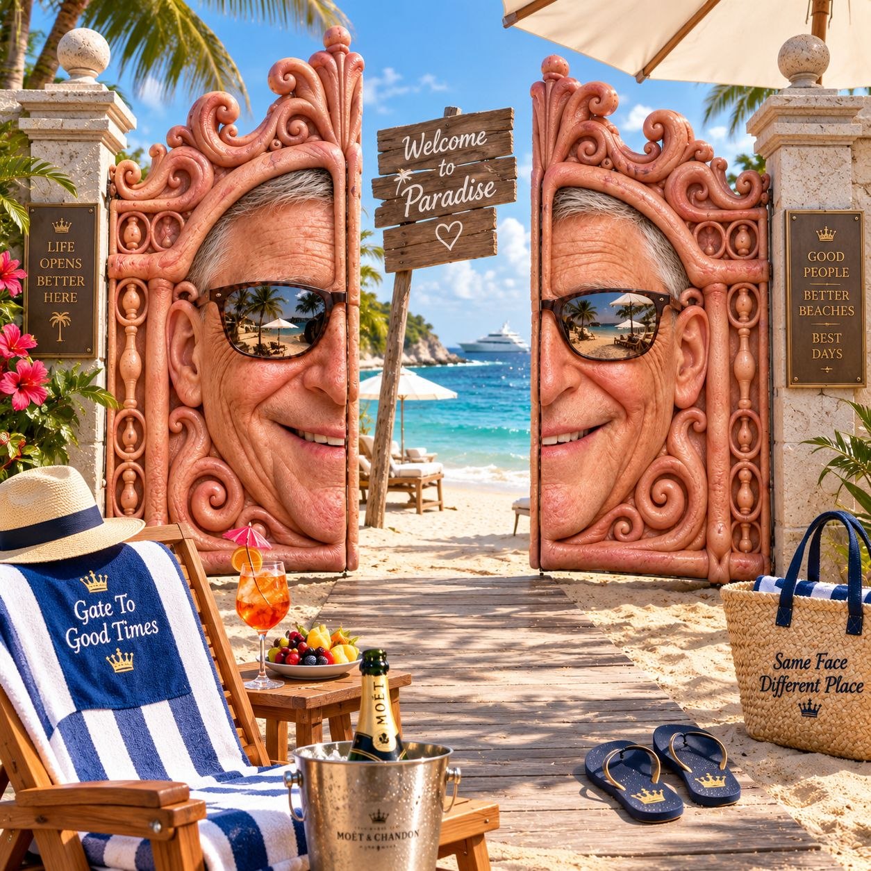 The Bill Gate on a tropical beach with Moet champagne, sun loungers and a Welcome to Paradise sign