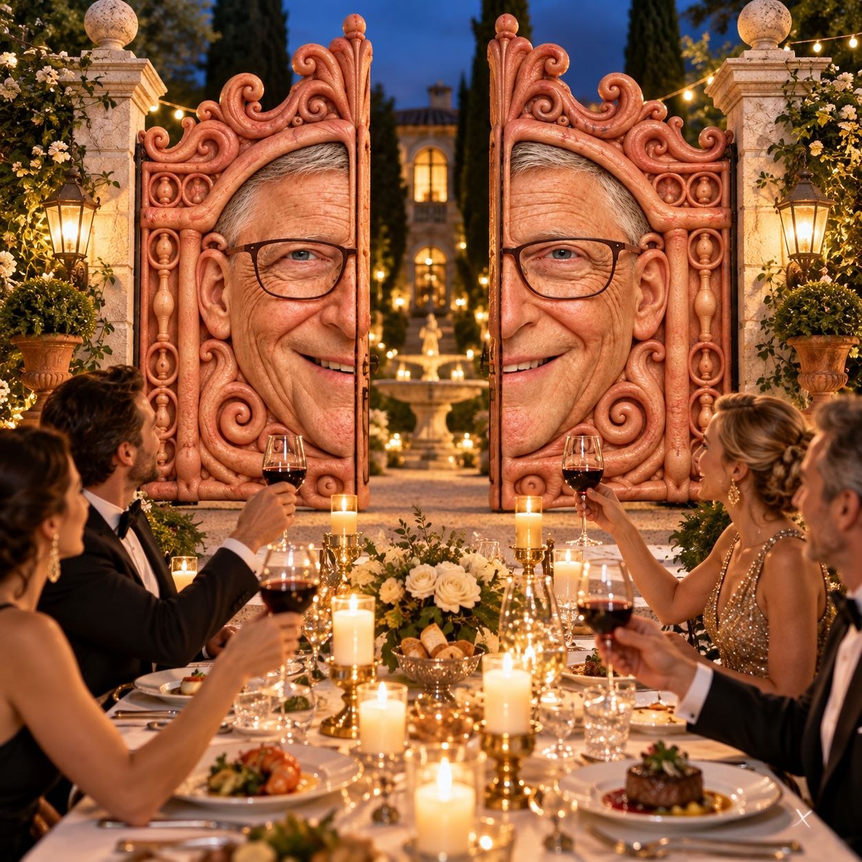 The Bill Gate framing an elegant candlelit villa dinner party with guests toasting red wine