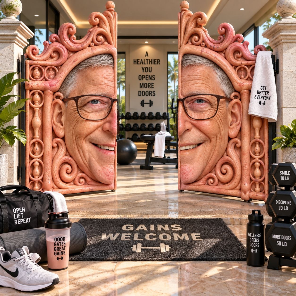 The Bill Gate at the entrance of a luxury home gym with dumbbells, a Gains Welcome mat and motivational towels