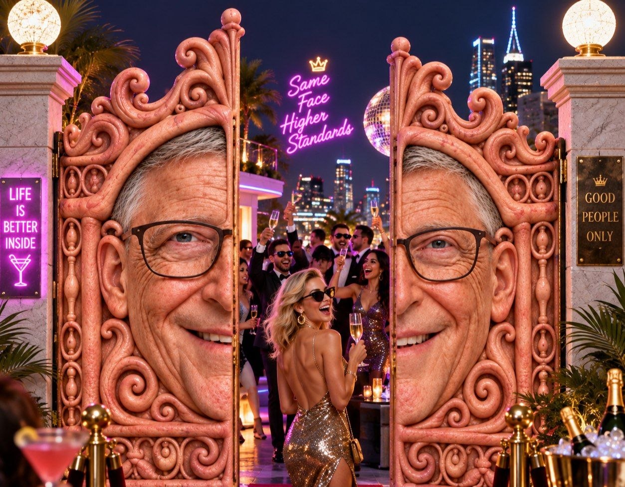 The Bill Gate towering over a rooftop nightclub party at night with a disco ball and neon sign reading Same Face Higher Standards