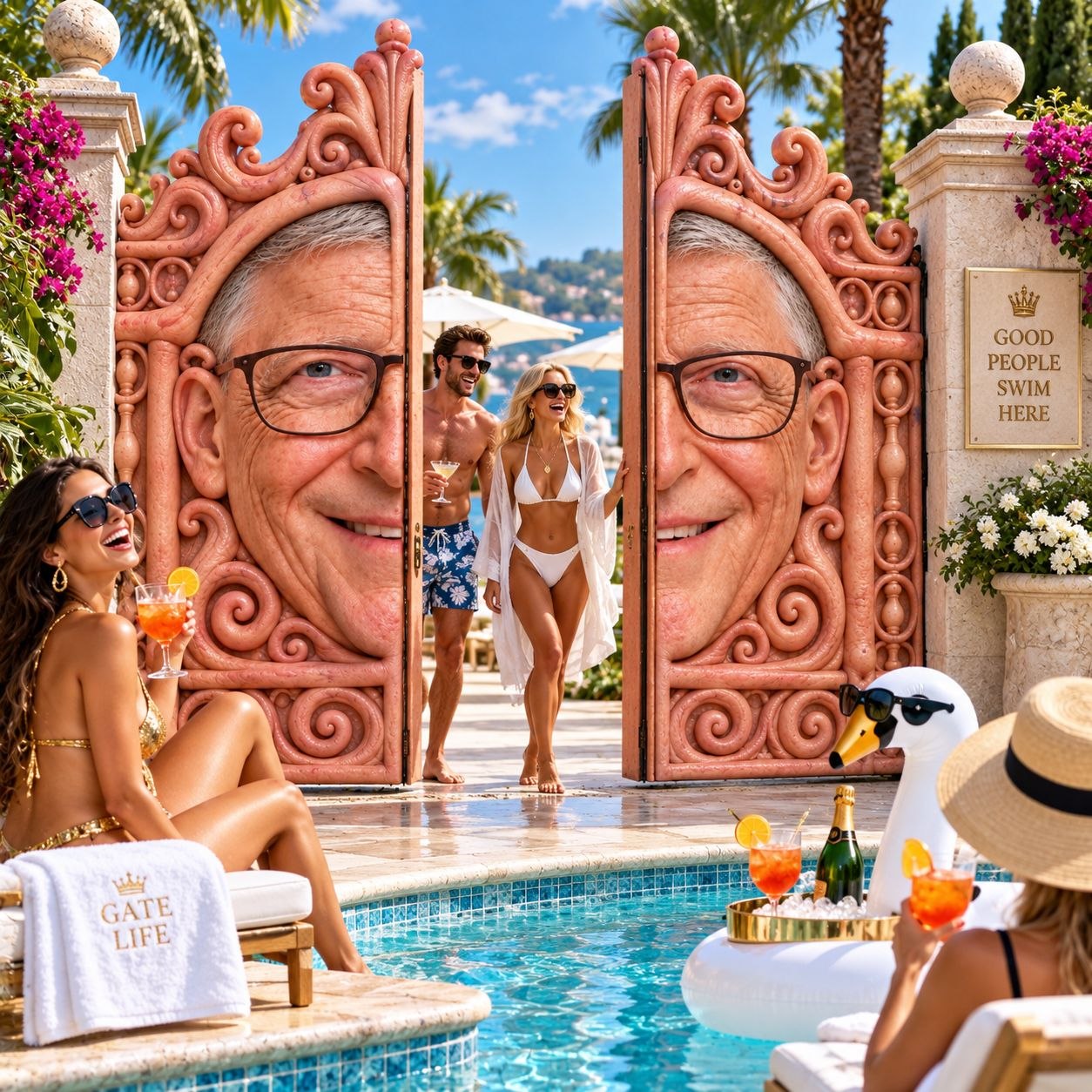 The Bill Gate beside a luxury infinity pool with a swan float, cocktails and a Good People Swim Here plaque